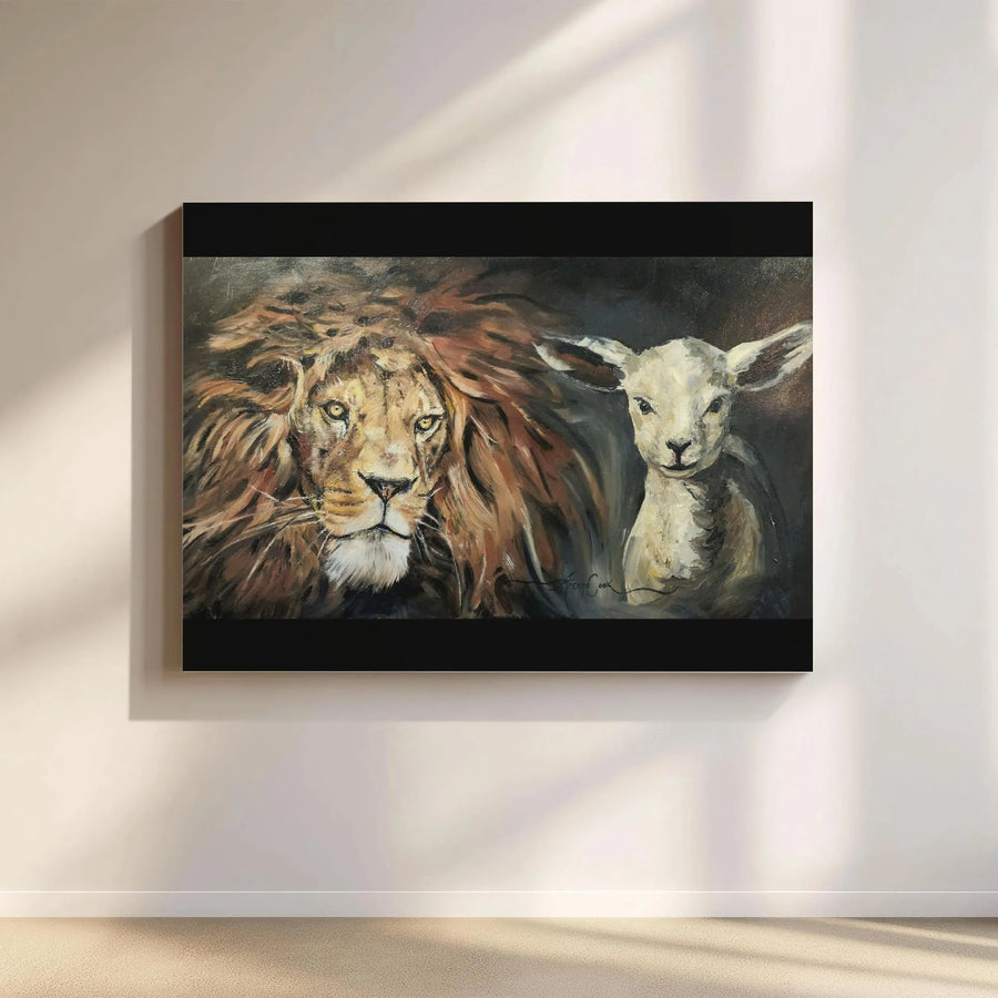 Lion and Lamb Wall Art Canvas | Inspirational Wildlife Painting | 1.25 Inch Gallery Wrap Print | Peaceful Home Decor Gift