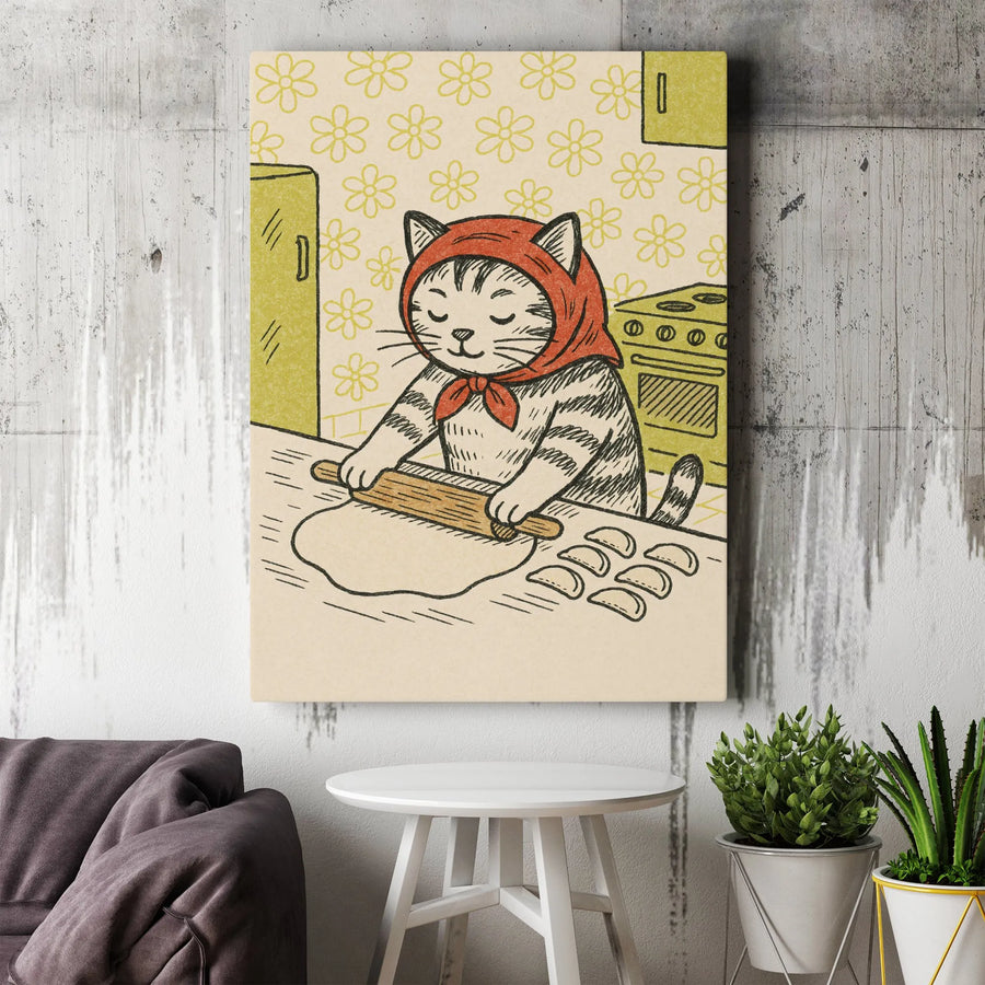 Vintage Cat Kitchen Art Canvas | Cute Babushka Tabby Making Dumplings | Premium Gallery Wrapped Decor | Whimsical Foodie Home Gift