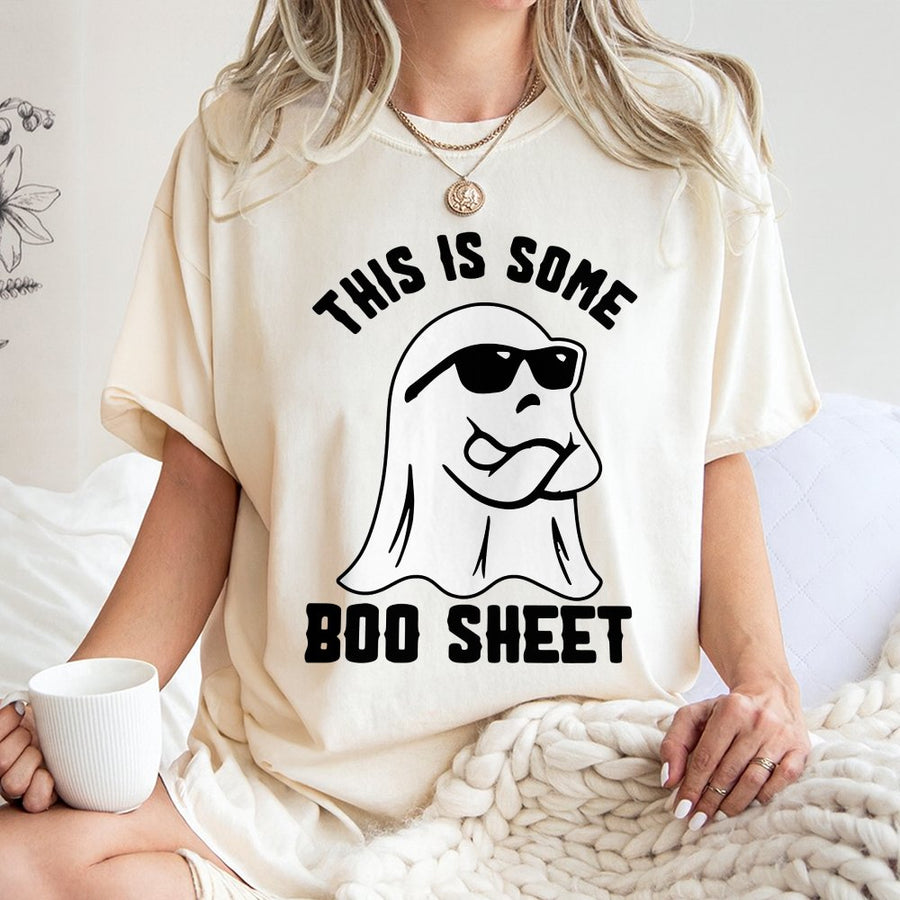 This Is Some Boo Sheet T-Shirt | Funny Ghost Wearing Sunglasses Graphic | 100% Cotton Premium Unisex Tee | Cute Halloween Party Apparel Gift