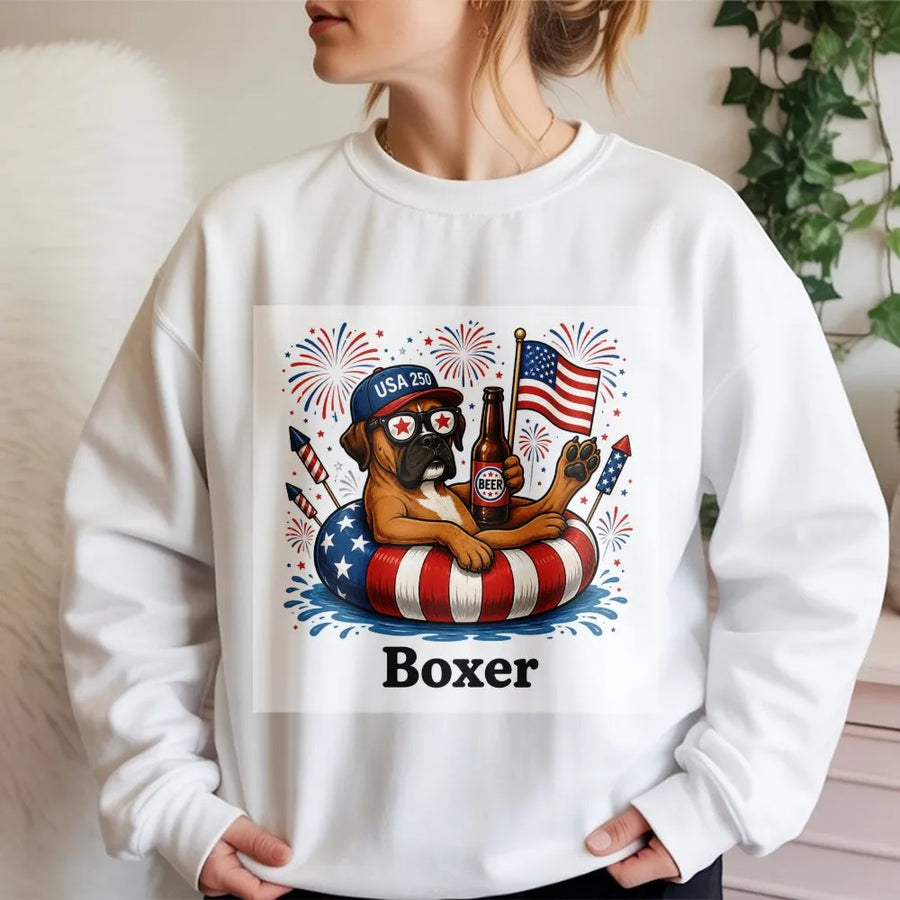 Patriotic Boxer Dog Sweatshirt | Funny USA Flag Fireworks Design | Soft Cotton Unisex Tee | Gift for Boxer Mom Dad