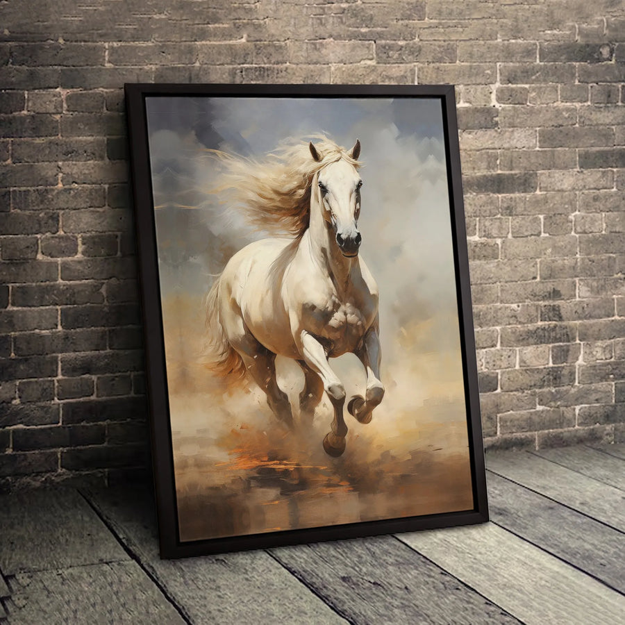 Galloping White Horse Canvas Wall Art | Dynamic Equestrian Oil Painting Style | Premium 1.25" Gallery Wrap | Wildlife Home Decor Gift for Horse Lovers