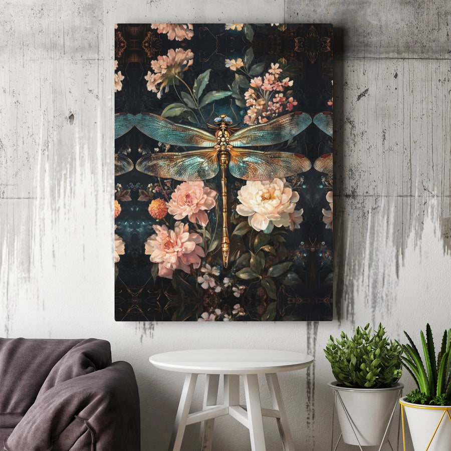 Dragonfly Canvas Wall Art | Vintage Dark Floral Peony Botanical Print | 1.25 Inch Gallery Wrap | Premium Home Decor Gift