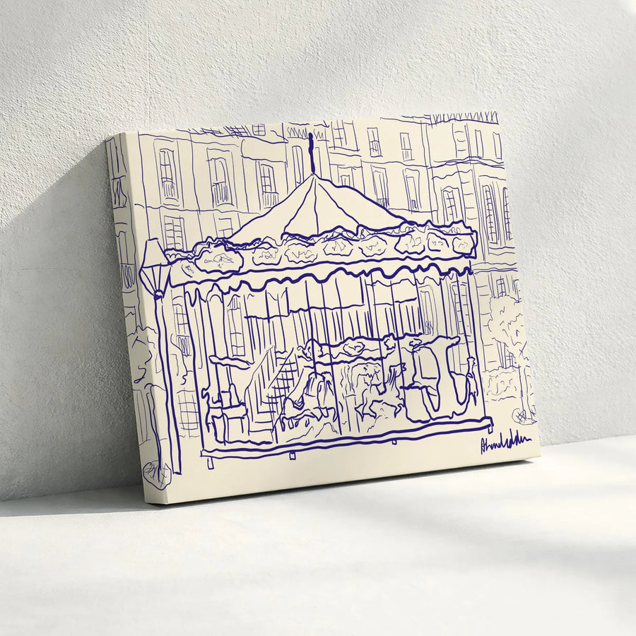 Carousel Line Art Canvas Wall Art | Minimalist Blue and Cream Sketch | Premium 1.25" Thick Gallery Wrap | Modern Home Decor Gift