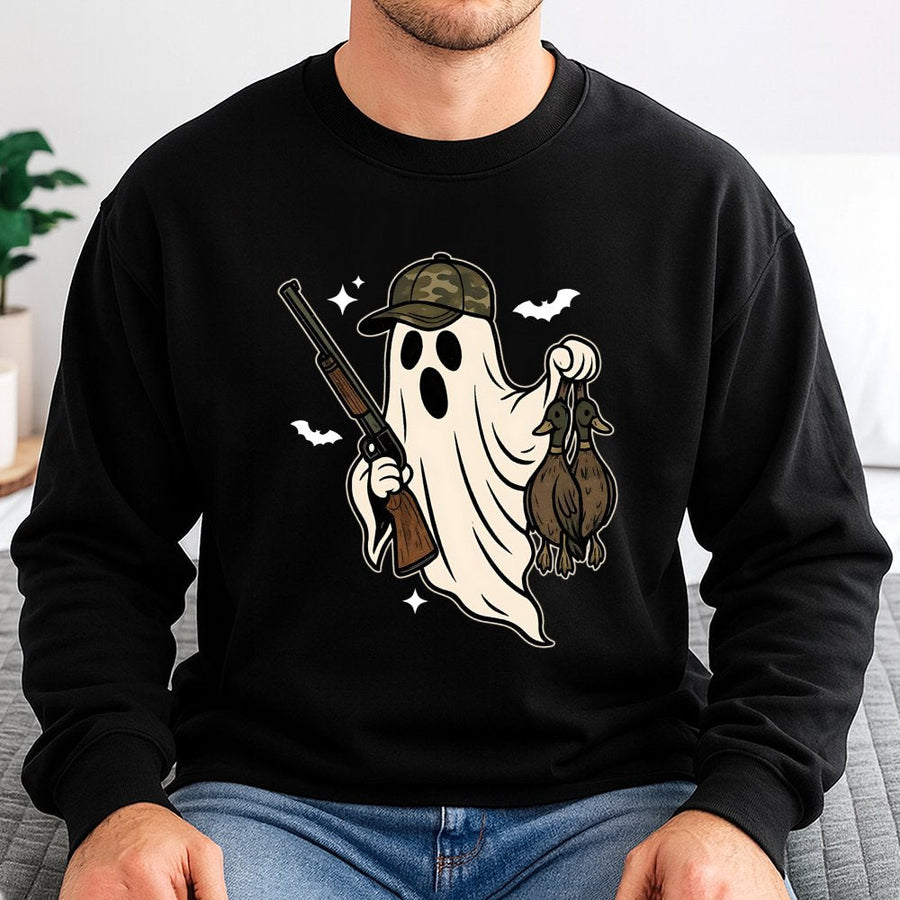 Ghost Duck Hunting Sweatshirt | Camo Hat Spooky Halloween Graphic | Cotton Blend Premium Crewneck | Funny Outdoorsman Hunter Gift for Him & Her