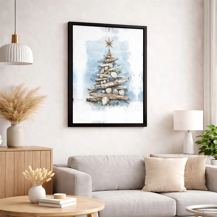 Coastal Christmas Tree Wall Art | Watercolor Driftwood and Seashell Decor | Premium 1.25 Inch Gallery Canvas | Beachy Holiday Home Decor