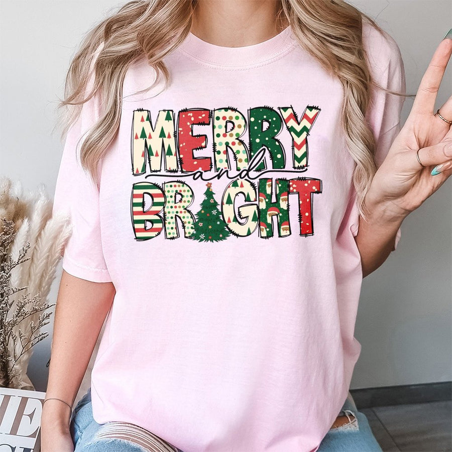 Merry and Bright Christmas T-Shirt | Festive Pattern Lettering Graphic Tee | Premium 100% Cotton Holiday Apparel | Cute Winter Gift for Women