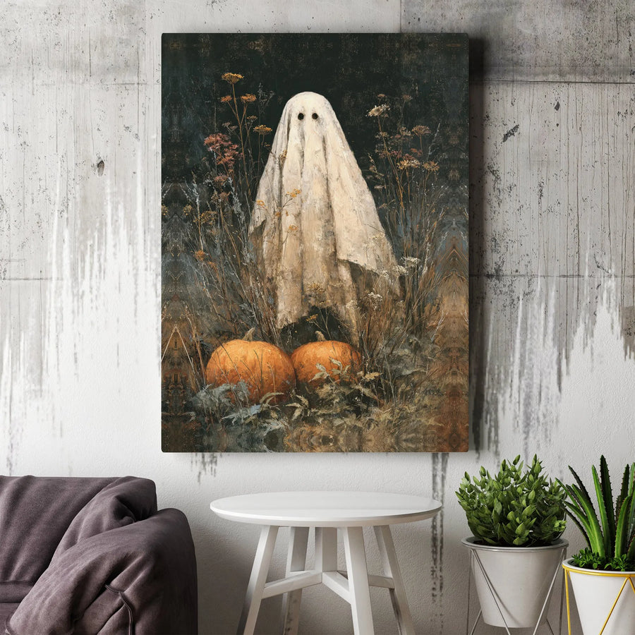Vintage Halloween Ghost Canvas Wall Art | Spooky Wildflower Meadow with Pumpkins | Premium Gallery-Wrapped Print | Haunted Aesthetic Home Decor Gift