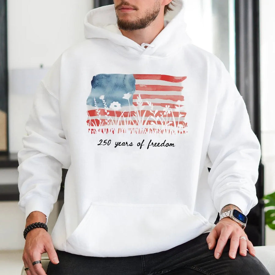 America 250 Hoodie | Watercolor Flag Wildflower Graphic | Premium Cotton Blend | Patriotic Fourth of July Gift for Women