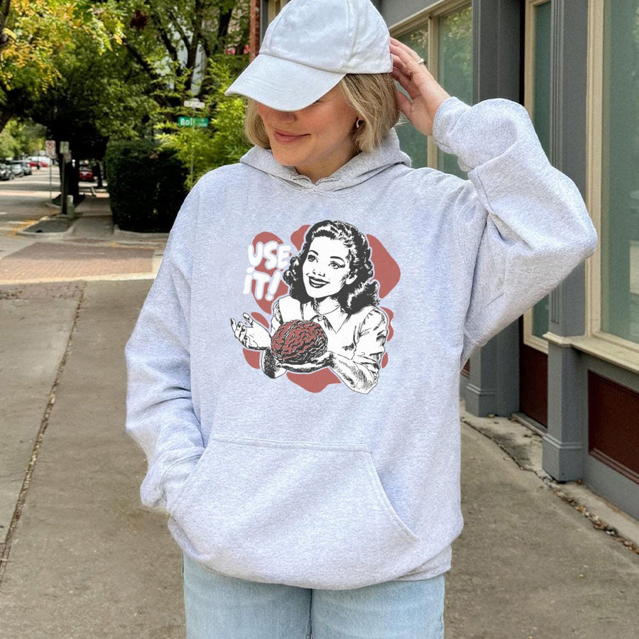 Use It Brain Hoodie | Retro 1950s Ad Parody Graphic | Premium Cotton Blend | Sarcastic Gift for Thinkers and Intellectuals