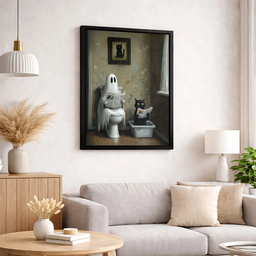 Funny Ghost and Black Cat Reading Newspaper Canvas | Whimsical Bathroom Wall Art | Premium Gallery-Wrapped Print | Unique Spooky Home Decor Gift