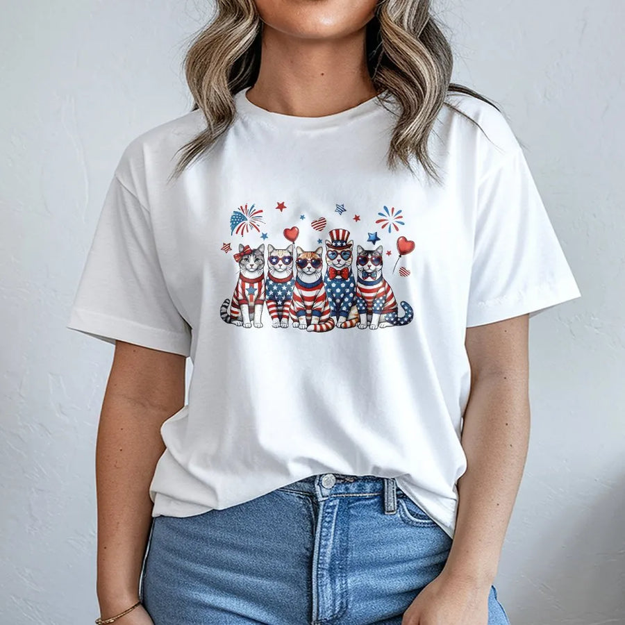 Patriotic Cats T-Shirt | Cute American Flag Kittens & Fireworks Graphic | Premium Cotton Tee | Fourth of July Gift for Cat Lover
