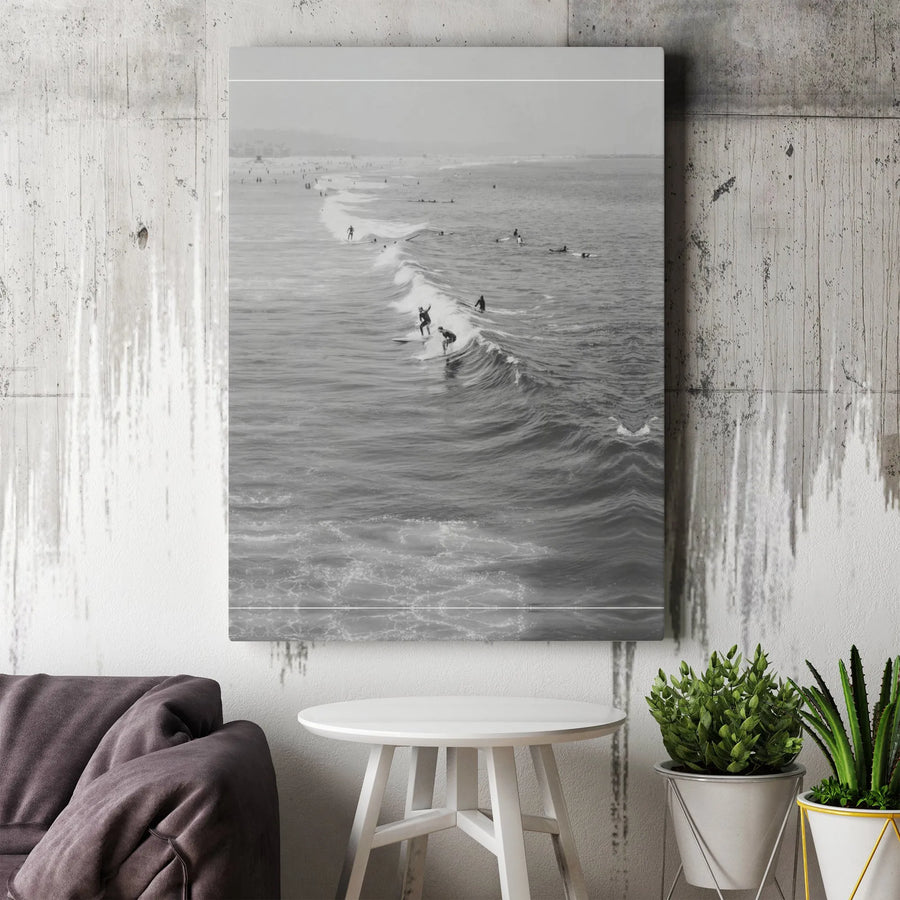 Surfing Ocean Waves Canvas Wall Art | Black and White Beach Photography | Premium 1.25-inch Gallery Wrap | Coastal Decor Gift for Surfers