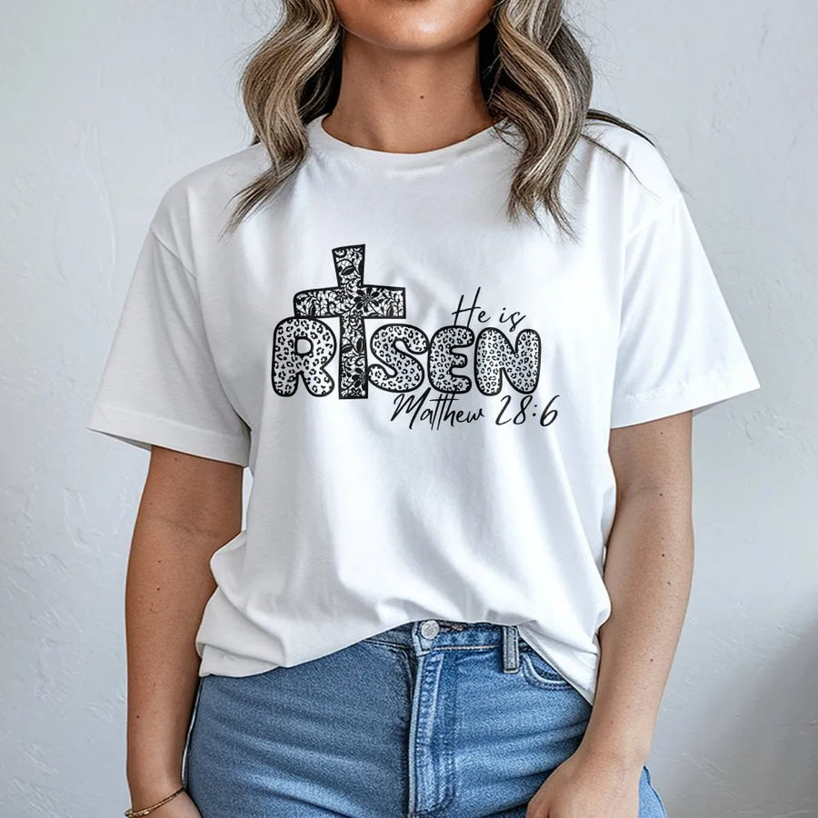 He Is Risen Easter T-Shirt | Floral Cross Scripture Design | Premium 100% Cotton | Christian Faith Gift for Women and Men