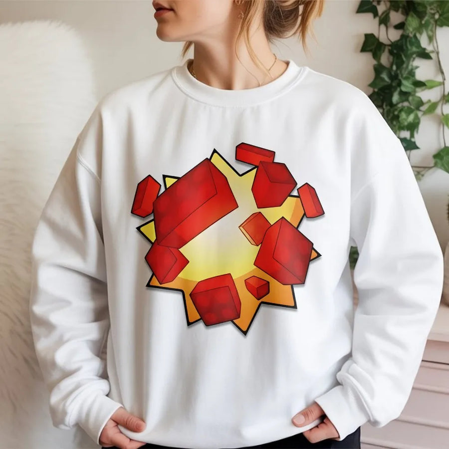 Exploding Building Block Sweatshirt | Graphic Gamer Pop Art Design | Premium Cotton Blend Crewneck | Birthday Gift For Teens & Kids