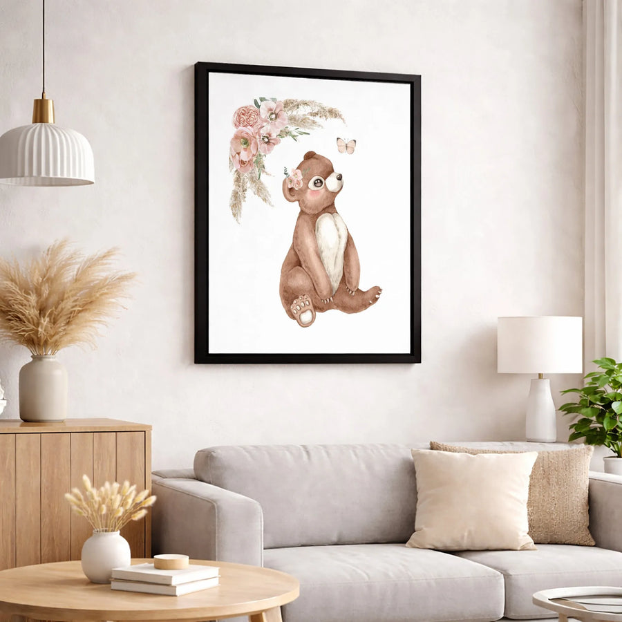 Boho Bear Cub Canvas Wall Art | Floral Woodland Nursery Decor | Gallery Quality Premium Print | Perfect Baby Shower Gift For Girls