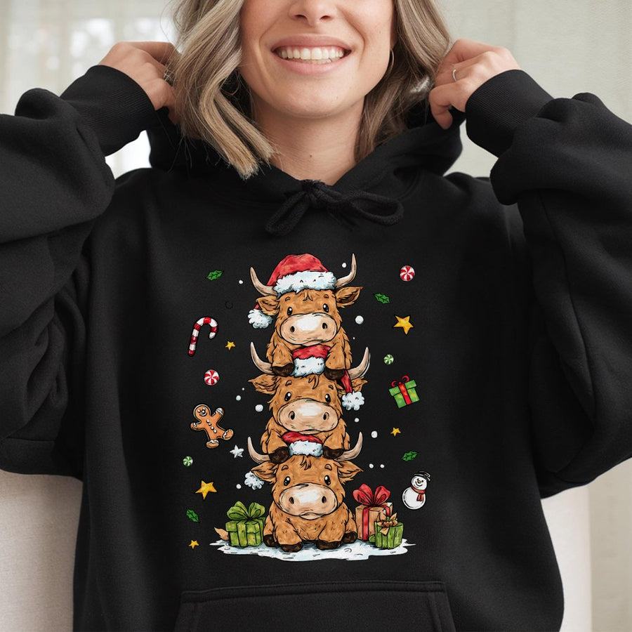 Cute Highland Cow Christmas Hoodie | Stacked Farm Animal Holiday Graphic | Premium Cotton Blend Sweatshirt | Cozy Winter Gift for Women & Teens