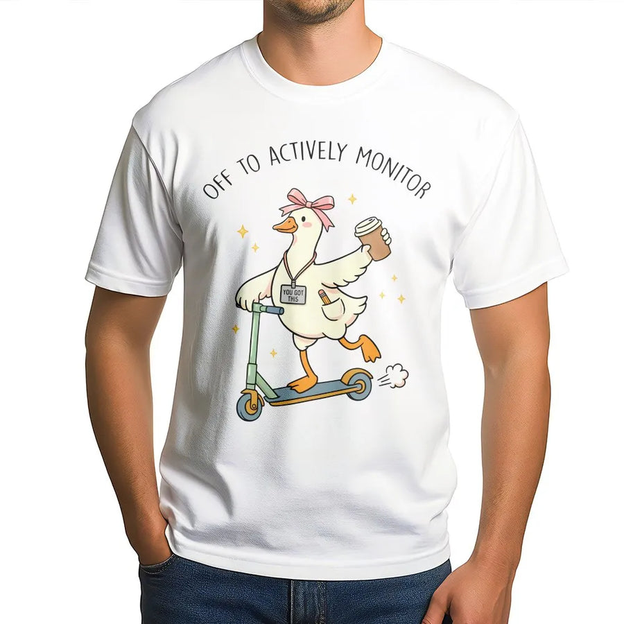 Funny Teacher Testing Shirt | Goose on Scooter 'Actively Monitor' Tee | Soft Cotton Graphic T-Shirt | Test Day Proctor Gift for School Staff