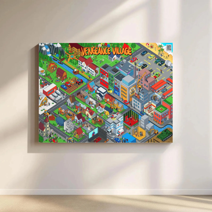 Vengeance Village Canvas Print | Detailed Isometric Seek and Find Art | Premium Gallery Quality Canvas | Unique Game Room Decor Gift