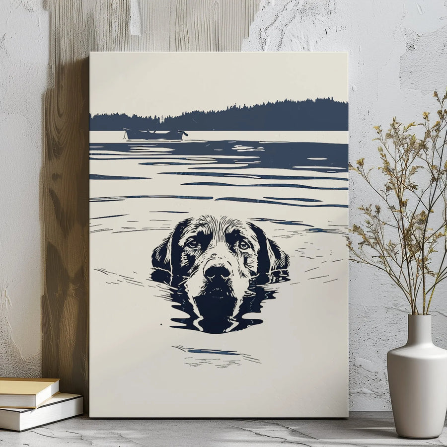 Labrador Retriever Wall Art | Swimming Dog Lake Scene Block Print | Premium Gallery Wrap Canvas | Gift for Dog Lovers and Outdoor Enthusiasts