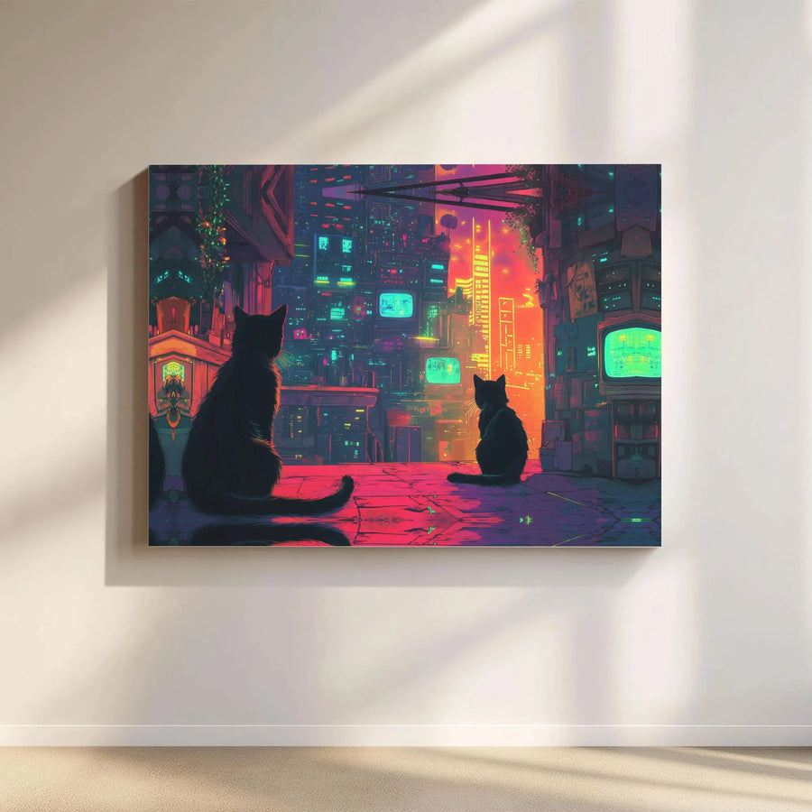 Cyberpunk Cat Canvas Wall Art | Two Cats Overlooking Neon City | Premium Gallery Print | Sci-Fi Vaporwave Room Decor Gift