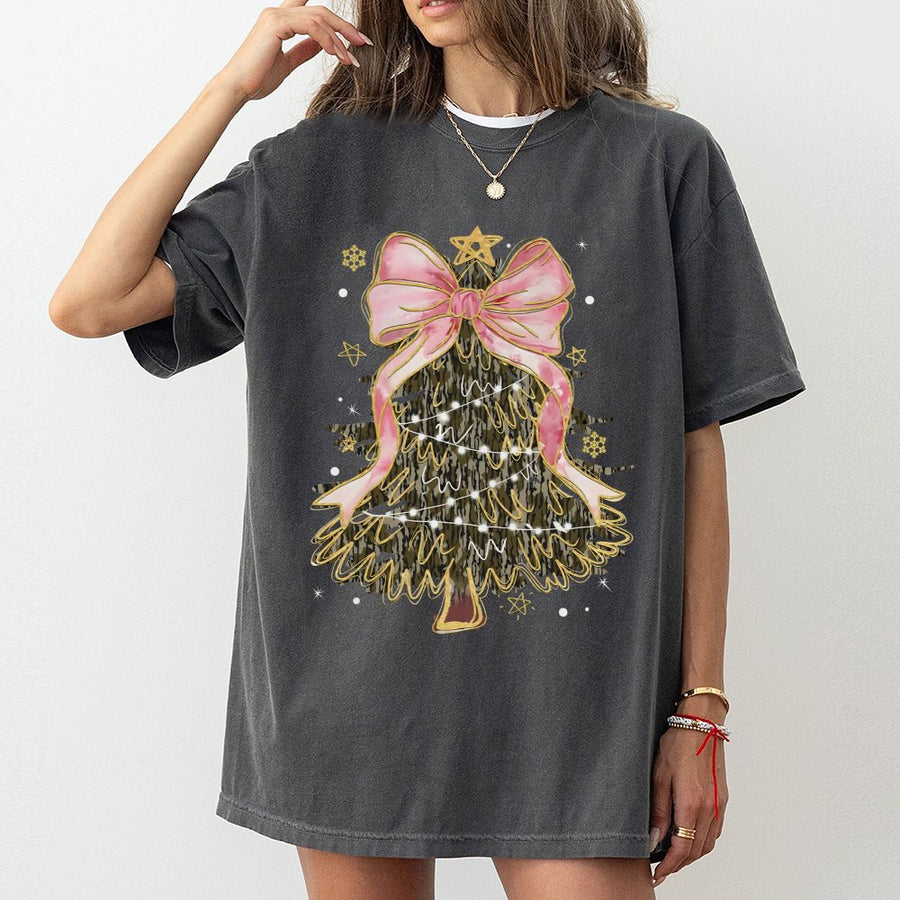 Camo Christmas Tree T-Shirt | Pink Coquette Bow Graphic Tee | 100% Cotton Premium Holiday Shirt | Cute Aesthetic Christmas Gift for Women