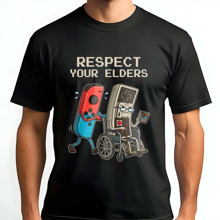 Respect Your Elders Gamer T-Shirt | Retro Console Gaming Graphic Tee | 100% Premium Cotton | Funny Gift for Video Game Lovers and Retro Gamers