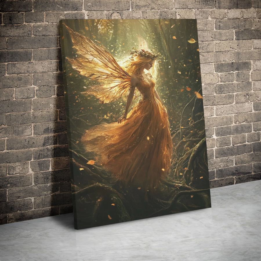 Golden Fairy Canvas Wall Art | Enchanted Autumn Forest Fantasy Print | Premium Gallery Wrapped Decor | Whimsical Gift For Fantasy Lovers