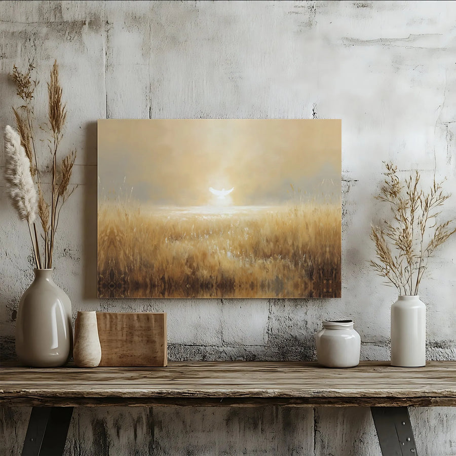Dove Over Wheat Field Canvas Print | Religious Spiritual Wall Art | Premium Fade-Resistant Gallery Wrap | Peaceful Home Decor Gift