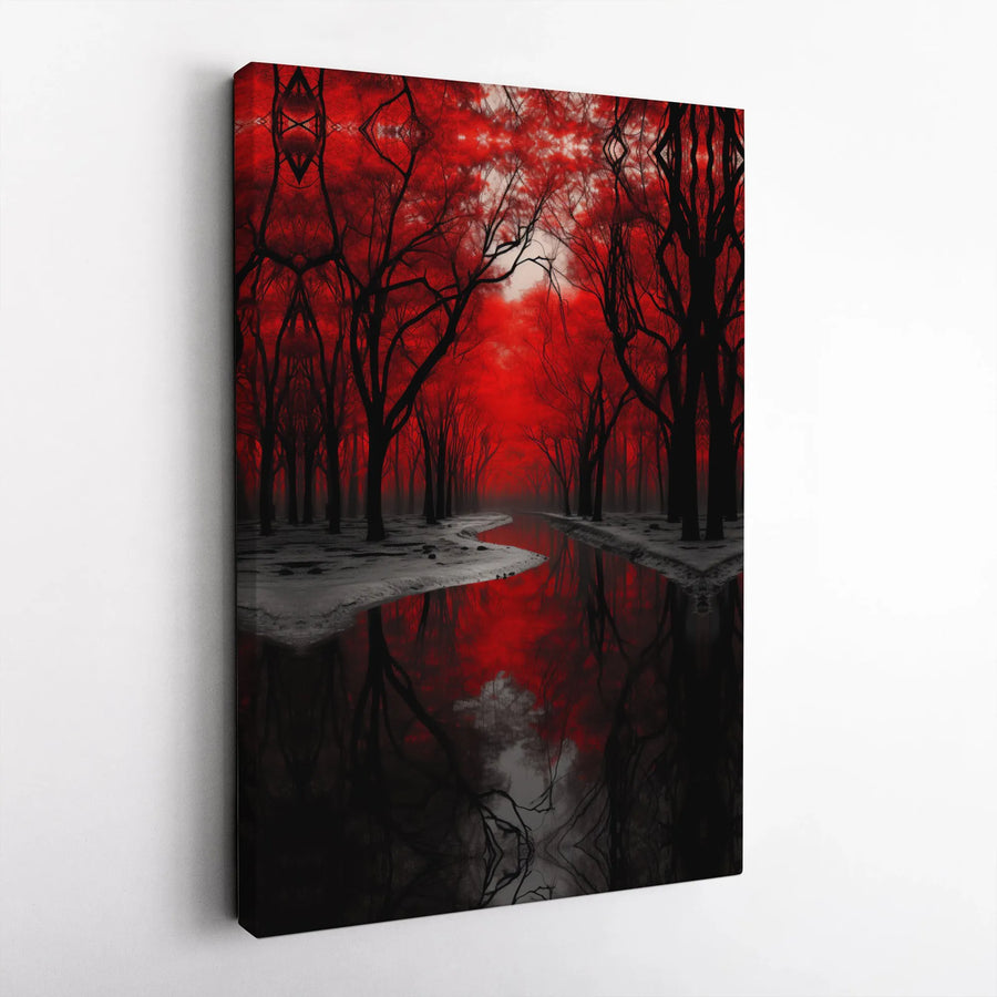 Red Forest River Canvas Wall Art | Surreal Gothic Nature Landscape | Premium Gallery-Wrapped Print | Moody Modern Home Decor Statement Piece