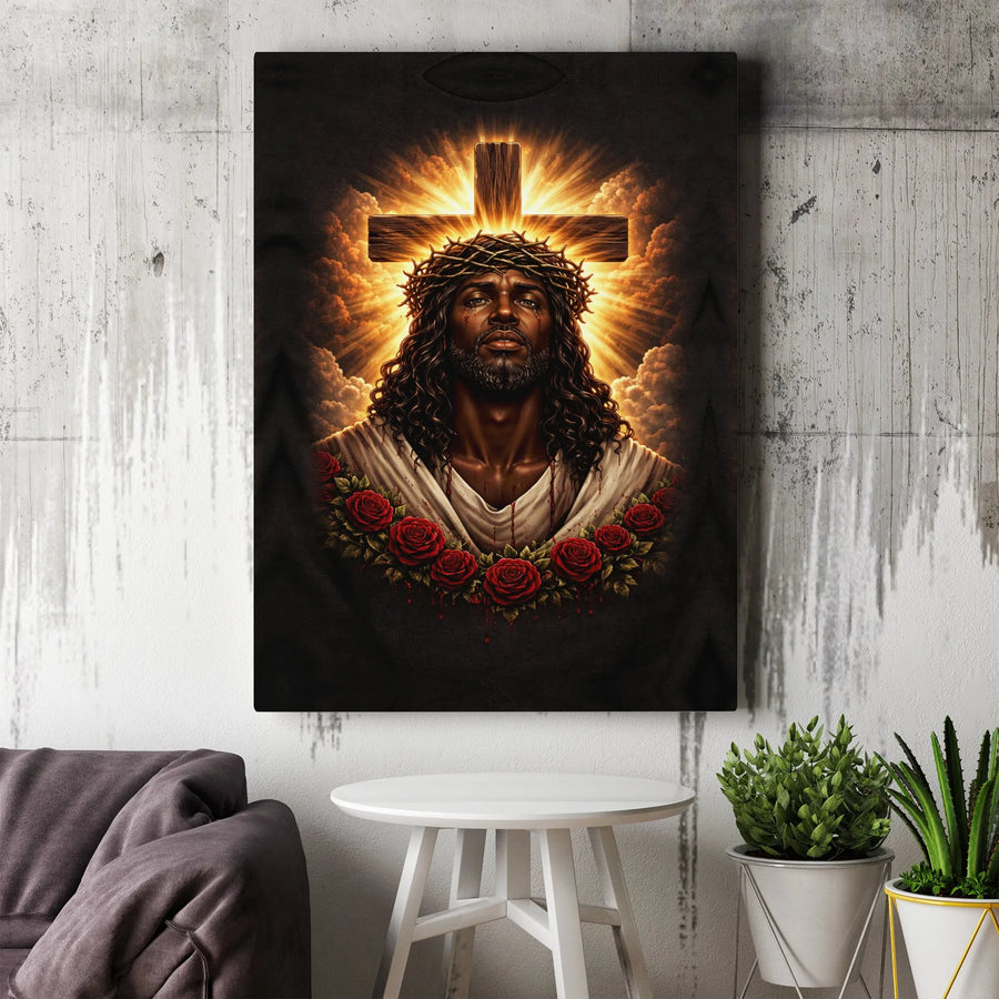 Black Jesus Canvas Wall Art | Crown Of Thorns And Red Roses | Premium Gallery Wrap Print | Religious Home Decor Gift For Faithful Believers