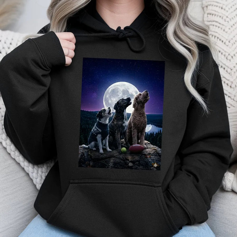 Three Dogs Howling at Moon Hoodie | Funny Wolf Parody Graphic Tee | Premium Cotton Shirt | Gift for Dog Lover