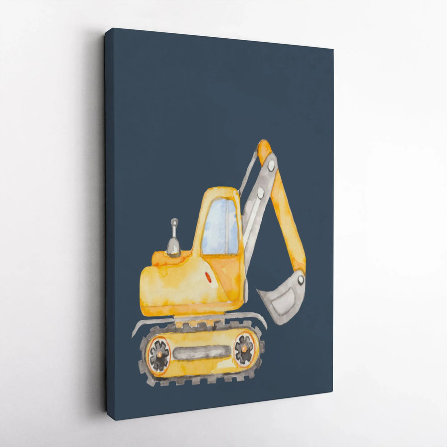 Watercolor Excavator Wall Art | Yellow Construction Vehicle Print | Premium Gallery Canvas | Perfect Nursery or Boy's Room Decor Gift