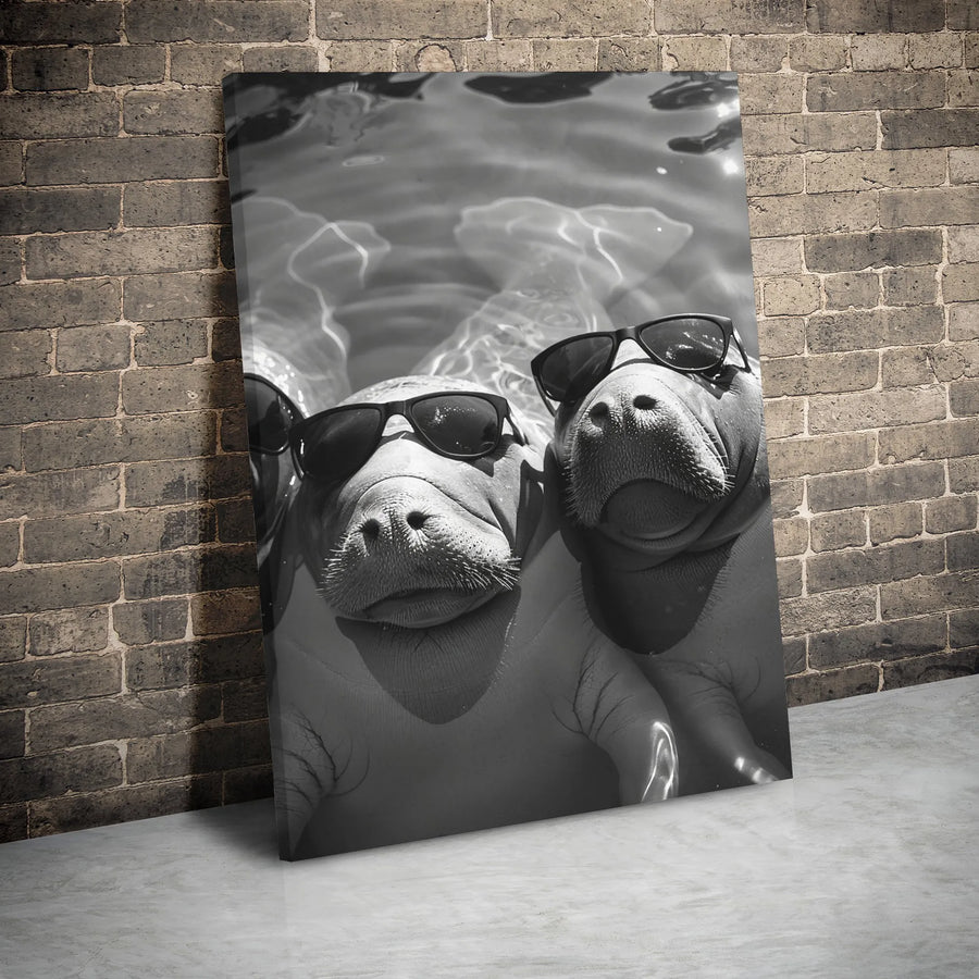 Manatee Wall Art | Funny Black and White Sea Cow with Sunglasses | Premium Gallery Wrapped Canvas | Coastal Home Decor Gift