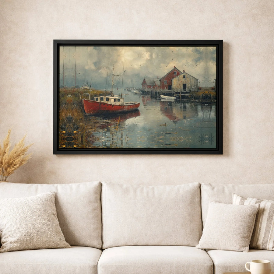 Coastal Harbor Wall Art | Rustic Red Fishing Boat Landscape | Gallery Quality Canvas Print | Nautical Home Decor Gift for Beach House