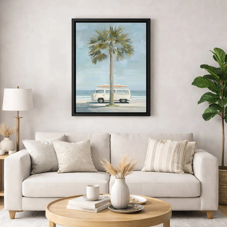Coastal Beach Canvas Wall Art | Surf Van Palm Tree Landscape | Premium Gallery Wrapped Print | Relaxed Boho Home Decor Gift