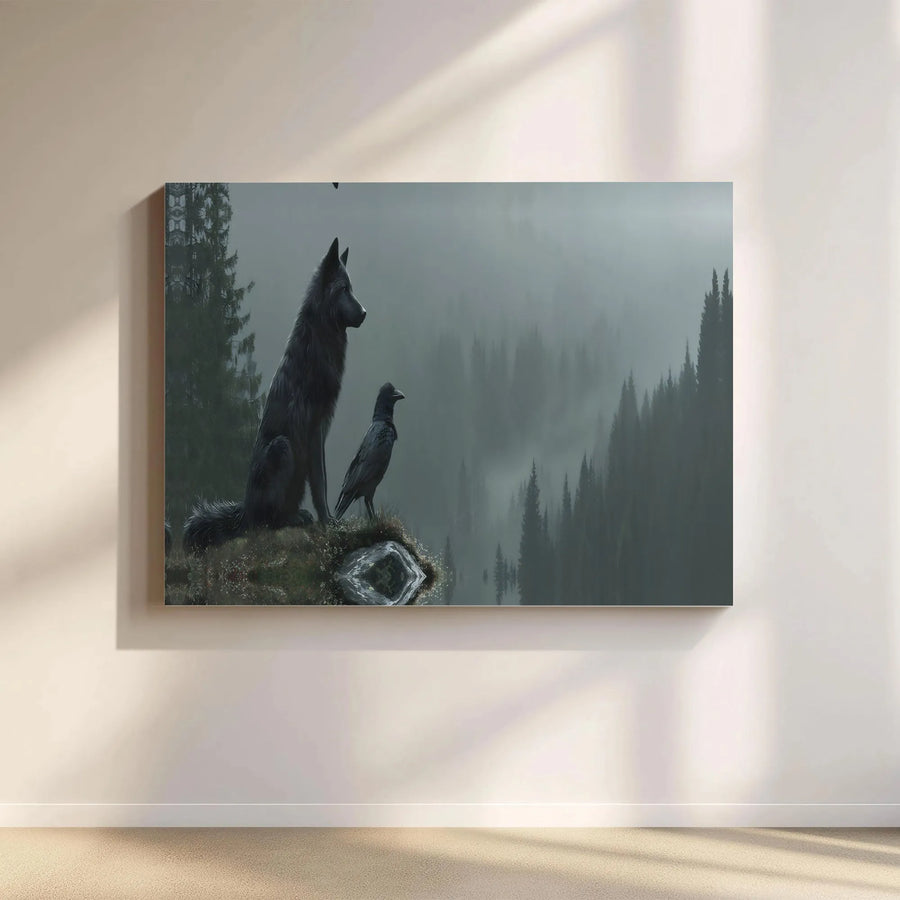 Wolf and Raven Canvas Wall Art | Mystical Misty Forest Scene | Premium Gallery Canvas Print | Collector's Gift for Norse Mythology Fans