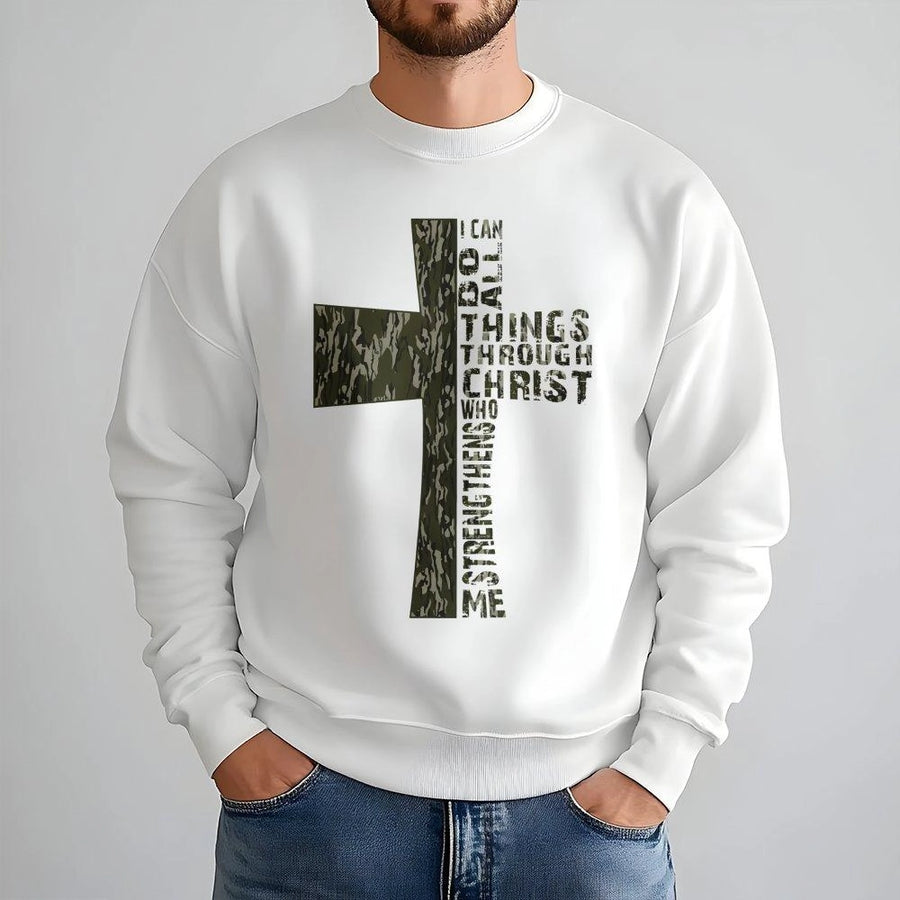 I Can Do All Things Through Christ Sweatshirt | Camouflage Cross Bible Verse Graphic | Premium Cotton Blend | Faith-Based Christian Gift for Believers