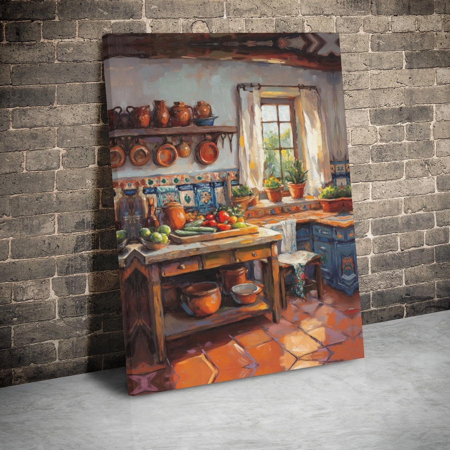 Tuscan Kitchen Canvas Wall Art | Rustic Farmhouse Cooking Scene | Premium Gallery Wrap Print | Mediterranean Home Decor Gift