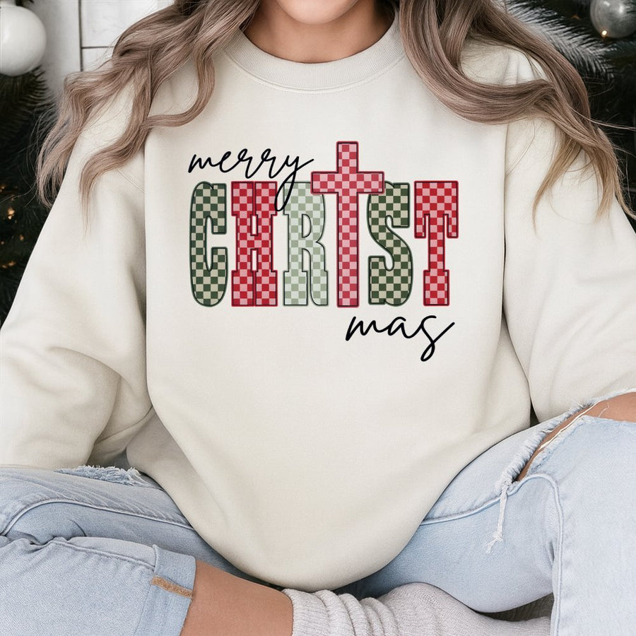 Merry Christmas Cross Sweatshirt | Checkered Pattern Graphic Design | Cotton Blend Premium Apparel | Religious Christian Holiday Gift for Women