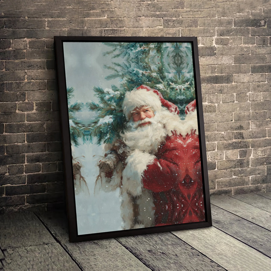 Vintage Santa Claus Wall Art | Snowy Christmas Tree Painting | Premium 1.25-Inch Gallery Wrapped Canvas | Festive Holiday Home Decor Gift