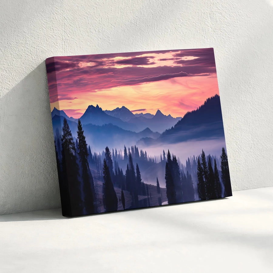 Mountain Landscape Canvas Print | Misty Pine Forest Sunrise Art | Premium Gallery Wrapped Canvas | Nature Lover Home Decor Gift