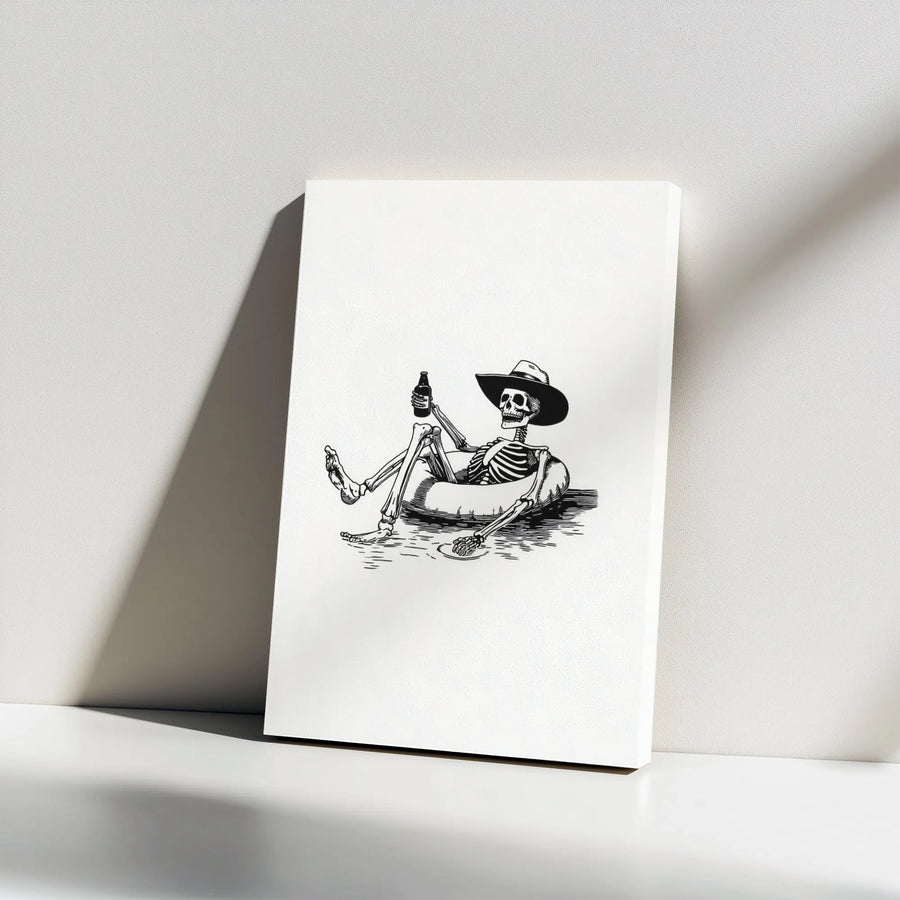 Skeleton Cowboy Canvas Wall Art | Relaxing Pool Floatie Illustration | Premium Gallery Wrap Decor | Unique Western Drinking Gift