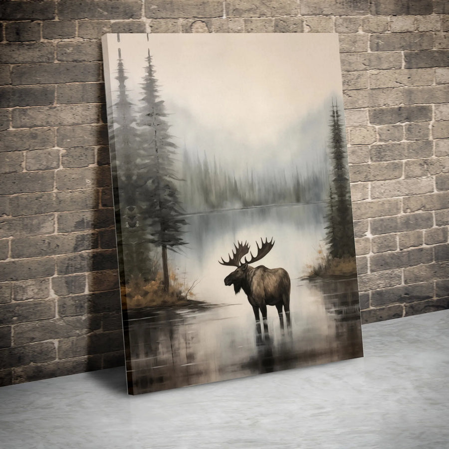 Moose Canvas Wall Art | Rustic Wildlife Painting in Misty Forest | Premium Gallery Wrapped Canvas | Cabin Decor Gift for Nature Lovers