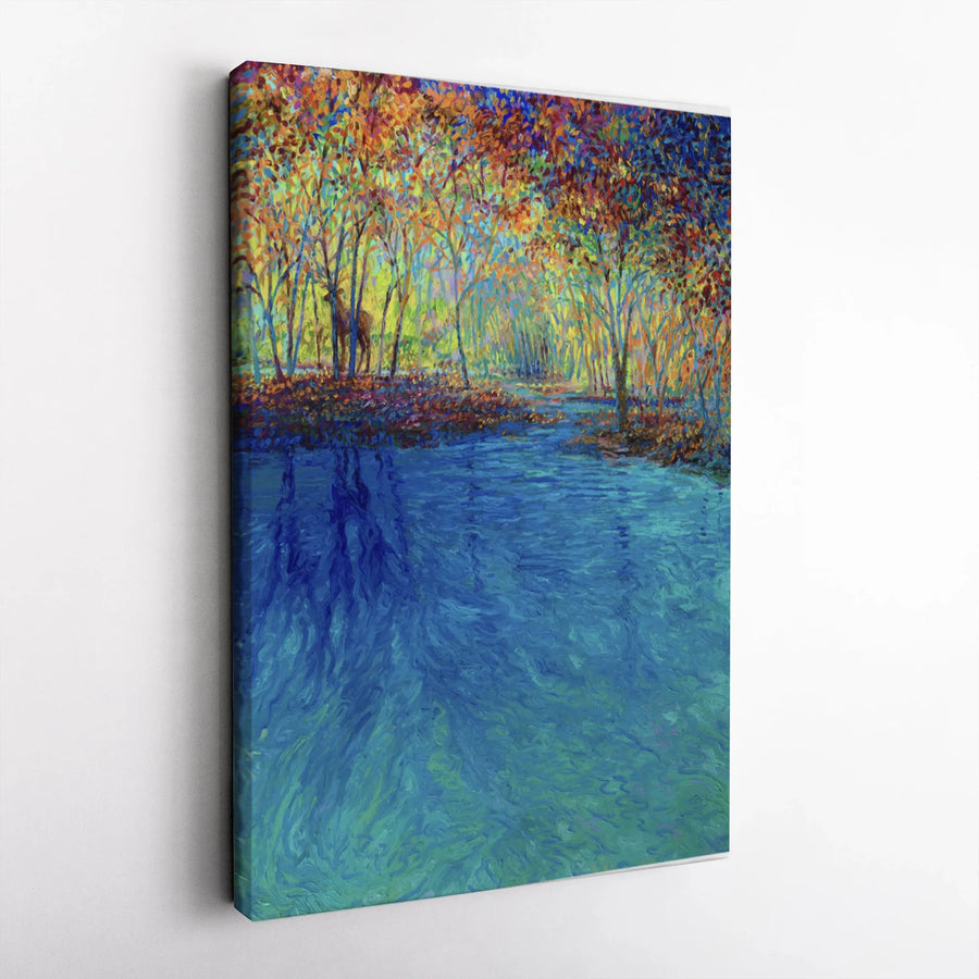 Vibrant Autumn Forest Canvas | Impressionist River Landscape with Deer | Premium 1.25" Thick Gallery Wrap | Collector's Gift for Living Room Decor