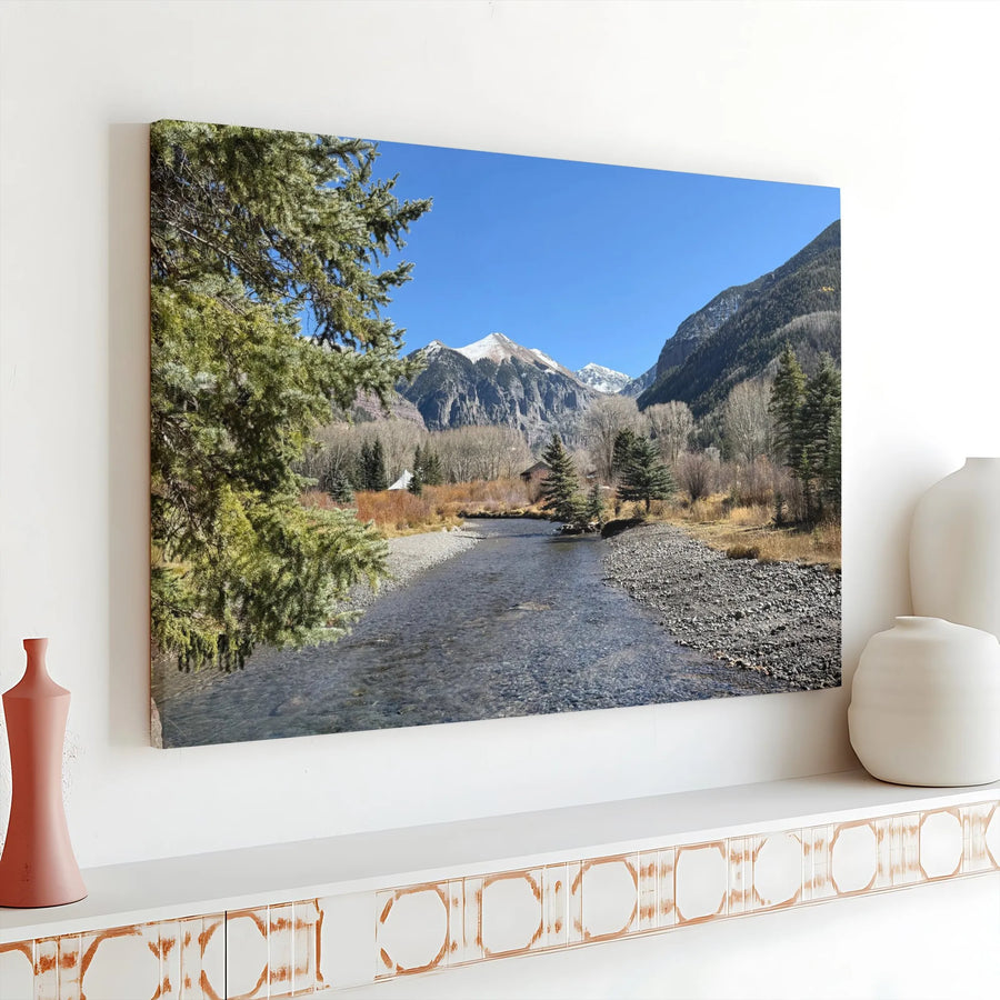 Mountain River Landscape Canvas Art | Snow-Capped Peak Forest Scene | Gallery Wrap Premium Print | Nature Home Decor Gift For Nature Lovers