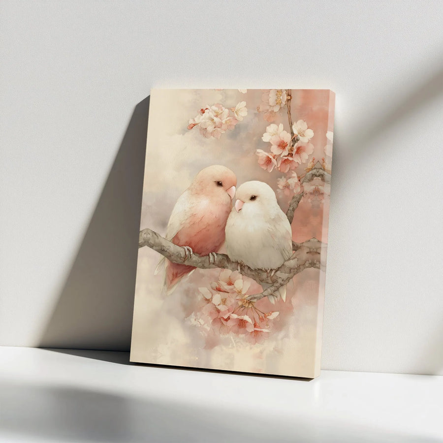 Watercolor Lovebirds Canvas Print | Romantic Cherry Blossom Wall Art | Premium Gallery Wrap | Floral Decor Gift for Bird Lovers