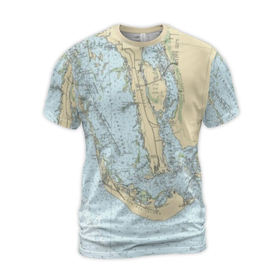 Sanibel Island Nautical Chart T-Shirt | Vintage Florida Coast Map All-Over Print | Premium Polyester Jersey | Beach Lover Gift & Vacation Apparel