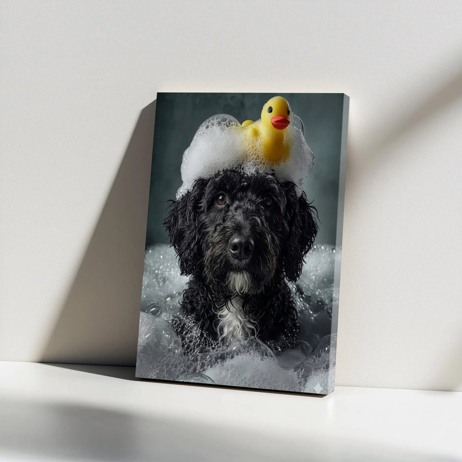 Black Dog Canvas Wall Art | Cute Puppy Bubble Bath with Rubber Duck | Premium Gallery Wrap Print | Whimsical Bathroom Home Decor