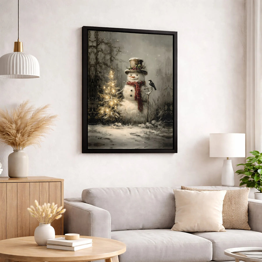 Vintage Snowman Wall Art | Whimsical Christmas Tree & Bird Painting | Premium 1.25" Gallery Canvas | Festive Holiday Home Decor Gift