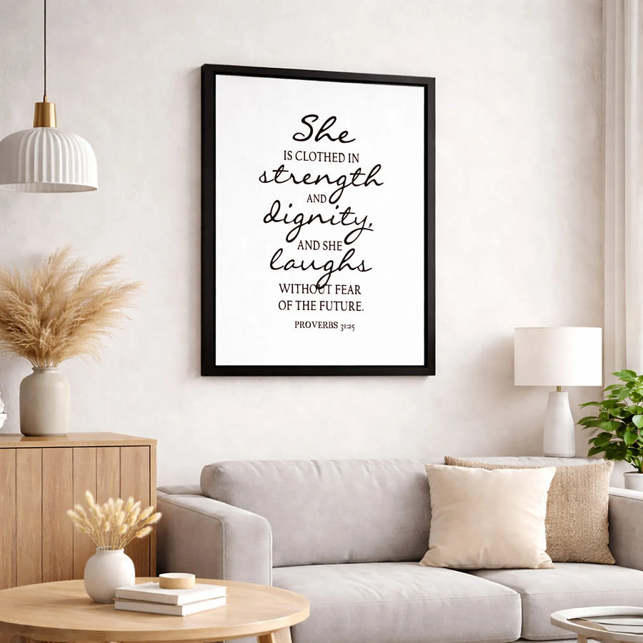 She Is Clothed In Strength And Dignity Wall Art | Proverbs 31:25 Scripture Sign | Gallery-Quality Premium Canvas Print | Christian Gift for Women